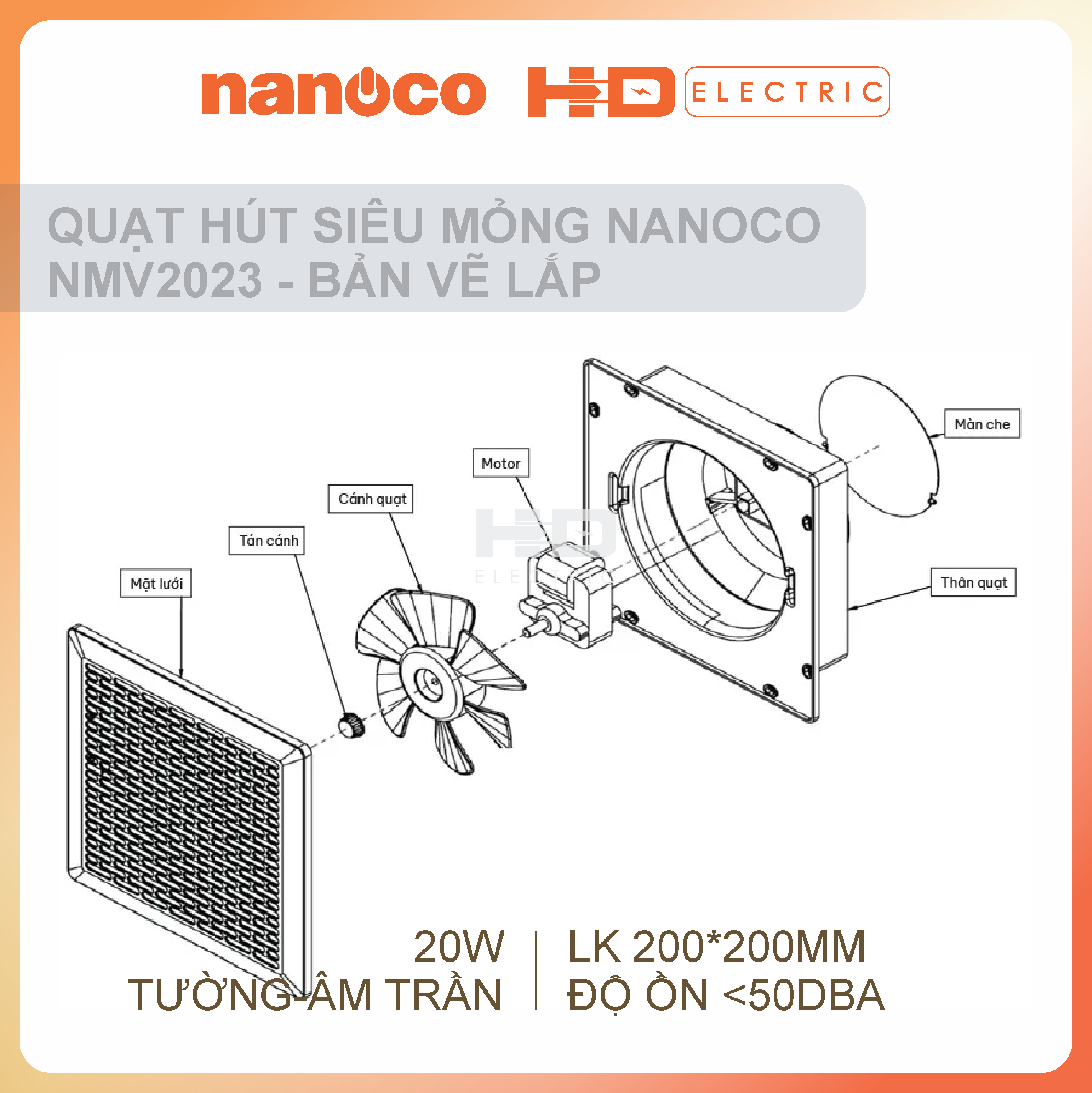 Quạt hút siêu mỏng Nanoco NMV2023 20W - Lỗ khoét 200x200mm